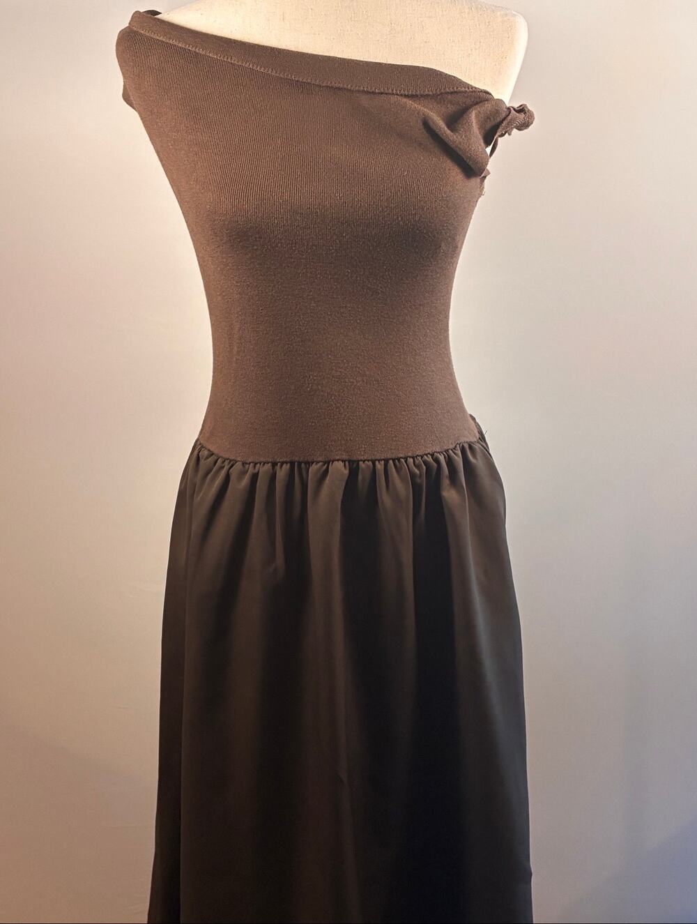 Sunday Edition Off Shoulder Mixed Media Midi Dress Brown Size S Pockets Knit